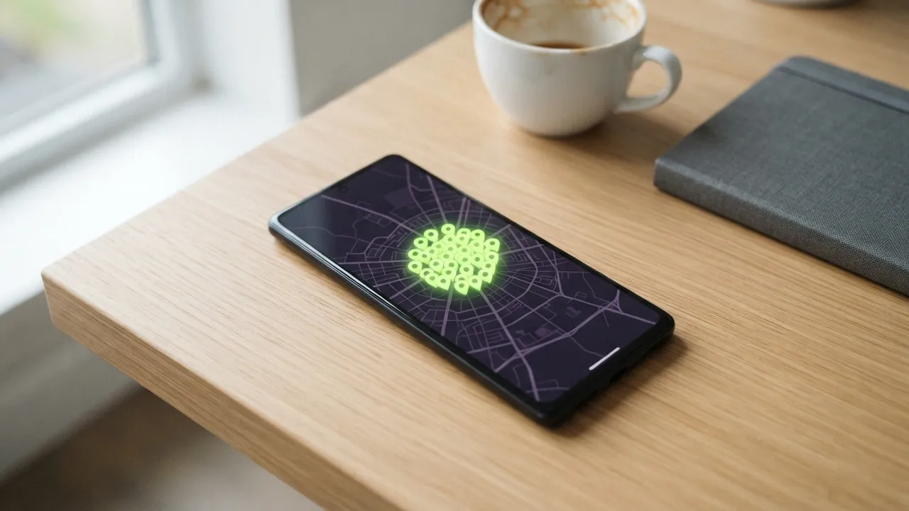 Local visibility audit: smartphone on a wooden desk showing a dark map with a bright cluster of green location pins in the centre.